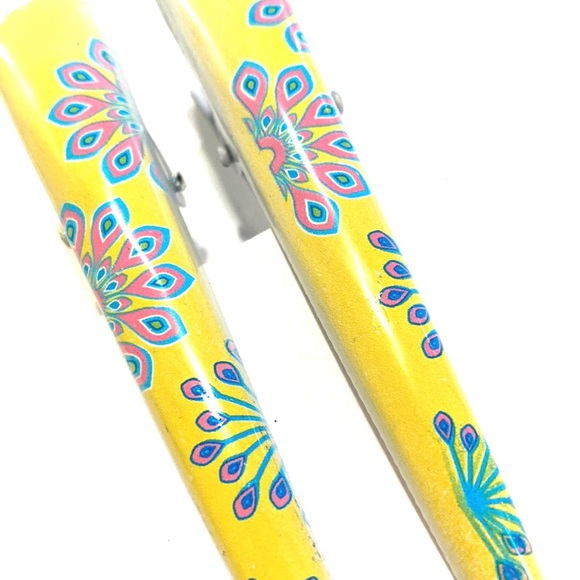 Updo Hair Clips Set of 2 Yellow With Blue Pink Peacock Print - Picture 3 of 5